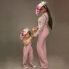 Belles deux pièces combinaisons robes de fille de fleur pour le mariage perlé enfant en bas âge robes de concours licou cou satin appliqué enfants pantalon robe de bal