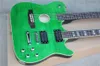 Free shipping green 6+6 strings double neck electric guitar with semi-hollow body,Rosewood fretboard,flame maple veneer