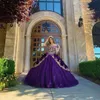 Purple Beaded Appliqued Ball Gown Quinceanera Dresses Off The Shoulder Neck Tiered Prom Gowns Sequined Sweep Train Tulle Sweet 15 Dress 407