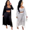 2020 Women Knits Pant Suits Three Piece Outfits Set Knitted Sleeveless Vest Crop Top Slim Fit Long Pant Long Sleeve Cardigan Duster Set