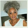 Grå hår puff afro kinky curly drawstring hästsvans uman hår förlängning vit silver 10a klass gråa kvinnor hårbyte ponytail updo bun