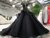새로운 도착 럭셔리 검은 웨딩 드레스 고딕 코트 빈티지 신부 가운 공주 긴 기차 구슬 캡 슬리브 웨딩 드레스