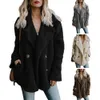 Womens Winter Pluche Thicken Lange Mouw Extra Mate Wide Revers Collar Solid Color 4 Buttons Up losse jas met zakken springen