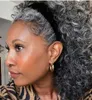 Mode Beauty African American Human Hair Ponytail Silver Grå Pony Tail Extension Hårstycke Klämma på Grå Afro Curly Frisyrer