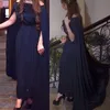 Blue Prom Navy Dresses With Cape A Line Sexy Off The Shoulder Lace Applique Custom Made Chiffon Evening Gown Formal OCN Wear Pplique