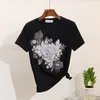 AMOLAPHA Women Sequined Pärled D Flower Cotton T Shirt kalvlängd Jeans Kläder sätter sommaren Mid kalv Jean Suits