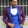 Mode bruiloft smoking bruid bruidegom pakken 3 stuks voor mannen blauwe en paarse formele bruidegom tuxedos revers (jas + broek + tie + vest)