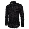 ブラックフェザーレースシャツ男性ファッションスルースルースルードレスシャツメンズイベントパーティーPROM透明シュミーズS-3XL