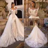 Koronkowe Suknie ślubne Syrenki Off Shoulder Sheer Długie Rękawy Tulle Aplikacja Sweep Pociąg Z Odpinaną Suknia Ślubna Bridal Suknie Niestandardowe