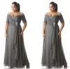 Elegante grijze moeder van de bruid jurken plus size kralen van de schouder goedkope chiffon prom feestjes lange moeder bruidegom jurken slijtage