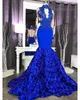 Royal Blue High Neck Mermaid Prom Klänningar 3D Blommor Lace Appliques Sheer Long Sleeves African Arabic Formal Party Evening Gowns