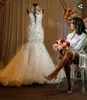 Lindo Lace Mermaid vestidos de noiva laço no pescoço apliques Beads vestidos de noiva alta Sweep Trem do casamento Vestidos