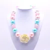 Cute sweet flower pendant girls necklace blue&pink pearl bubble gum beads strand child chunky necklace jewelry