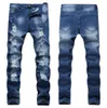 Designer Mäns Ripped Jeans Slim Fit Ljus Blå Denim Joggers Man Borrad Förstörda Byxor Button Fly Byxor