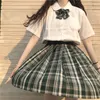 Sommar Japanese College Wind Bow Short Sleeve Shirt Blus + Plaid Pleated Kjol JK Uniforms Suit Kvinna Skola Tjej Kjol