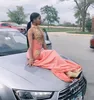 2022 sjöjungfru High Neck Prom -klänningar med guldapplikationer Sexig bodice svep tåg långa festklänningar för svarta flickor vestidos