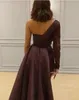 Elegant Burgundy One Shoulder Arabic Evening Wear Lace Appliques Sexy Split Side Formal Dress Long Sleeves Floor Length Prom Gowns