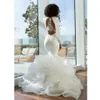 Sexy Open Back Mermaid Wedding Dresses Turkey 2022 Tiered Tiers Lace Ruffles Deep V Neck Long Sleeves Bridal Gowns African Puffy F305v