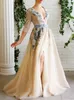 2020 Elegant Prom Dresses Lace 3D Floral Appliqued Side Split Evening Dress A Line V Neck Custom Made Special Occasion Gowns