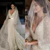 Sparkly A Line Light Gold Wedding Dress Långärmade V-nacke Sequined Bridal Gowns Backless Vestido de Novia