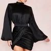 Autumn Bandage Lantern Sleeve Dress Women Stand Collar Long Sleeve Bodycon High Waist Sexy Dress Black Night Club Party Dresses