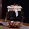 Glas lagring burk med naturligt högkvalitativt trä lock för kakor mellanmål blomma te glas burk te tank kaffe böna kök matbehållare