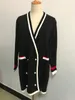 Kontor Lady V Neck Contrast Färg Pearl Mid Long Sweater Retro Kvinnor Dubbelfickor Cardigan Knitwear Jumper Kleding Femme Y190822