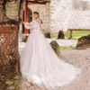 Scoop Neckline Long Tulle Sleeves with Applique Leaky Shoulder A-line Wedding Dress Sweep Train Illusion Back Bridal Dress
