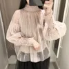 2019 Moda Autunno Donna Dolce Perline Manica a bolle Perle Bottone Camicette di garza Donna Elegante Camicia a rete Blusas Tops1
