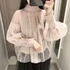 Mode Autumn Women Sweet Beads Bubble Sleeve Pearls Button GASE BLOUSES Damer Elegant Mesh Shirt Blusaas Tops11