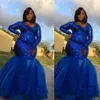 2020 아프리카 공주 로얄 블루 레이스 댄스 파티 드레스 긴 섹시한 인어 장식 조각 바닥 길이 정장 파티 이브닝 ​​드레스