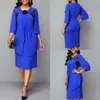 Royal Sheath Blue Mother of The Bride Dresses Satin Plus Size Applique Jewel Neck Wedding Guest Dress Long Sleeve Tea Length Evening Gowns