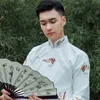 New ancient costume Chinese traditional ethnic clothing Tang suit male cheongsam stand collar men's long robe cotton linen Embroidered gown