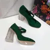 Free shipping 2020 leather 10CM Transparent chunky high heels Round toes Dress SHOES party wedding Mary Jane diamond Flower buckle colours