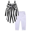 Summer Girls Set Top a nastro con fiocco a righe + Pantaloni con buco bianco Due pezzi Completi per bambina Completi per bambini Set di vestiti per bambine 2-7T