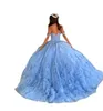 Bahama Blue Quinceanera klänningar från axelhandade blommor spetspärlor bandage boll klänning söt 16 klänning prom examen vestido5710383