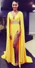 Yellow Fashion Prom Dresses V Neck Długie Rękawy Sexy Backless Cocktail Party Suknie Sashes Side Split Formalne Suknie Wieczorowe z Wrap