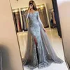 Fashion Gray Mermaid Evening Dress Sexy High Slit 3/4 Long Sleeves Prom Dresses with Tulle Train Abendkleider Robe de soiree