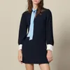 2019 Fall Winter Long Sleeve Round Neck Blue Contrast Color Ribbon Panelled Short Mini Dress Women Fashion Dresses D25163266S