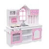 Kids Wood Kitchen Toy Cooking Pretend Play Set Toddler Wooden Playset with Kitchenware Pink