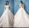 Amelia Sposa Lace Wedding Dresses 2020 with Pockets Long Sleeves Jewel Neck Sweep Train Stain A Line Wedding Bridal Gowns