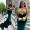 Afrykański aksamitny Dark Green Mermaid Suknie Wieczorowe Gold Aplikacje Koraliki Długie Formalne Party Suknie Graduation Dress Specjalne okazje Abendkleid