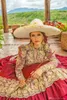 Tradicional vermelho mexicana quinceanera vestidos v pescoço bordado lace manga longa bainha princesa cowgirl doce 16 vestido de aniversário