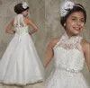A Line Long Girls Birthday Party Gowns Pageant Dresses High Neck Lace Flower Girls Dress Bow Sash Crystals Beads Floor Length