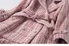 Autumn Winter Pink Plaid Tweed Wool Long Coat Women Notched Double Dreasted Sashes Ruffles Woolen Overcoat Mermaid Outerwear