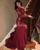 Jedno ramię Burgundia Syrenka Suknie Wieczorowe Z Długim Rękawem Sweep Lace Top Aplikacje Formalne Prom Party Suknie