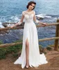 A-Line 3/4 Long Sleeves Beach Bohemian Wedding Dresses White Chiffon Scoop Neck Appliques Long Bridal Gowns With Side Split DH140