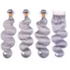 Couleur de couleur grise Paquets de cheveux humains avec fermeture Silver Gris Wavy Indien Vierge Vierge Tes Packs avec fermeture avant en dentelle 4x4