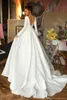 Sexy Vintage Lace Satin Wedding Dresses Deep V Neck Long Sleeve Backless Wedding Dress Bridal Gowns Appliques Robe de mariee