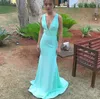 Mermaid Evening Dresses Long 2021 Sexy V-Neck Backless Prom Lokaler Formell Sweep Train Turquoise Vestidos defiesta